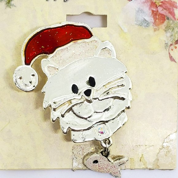 Cat Kitten Wearing Santa Hat Holding Dangling Fish Holiday Christmas Pin Brooch - Picture 2 of 6